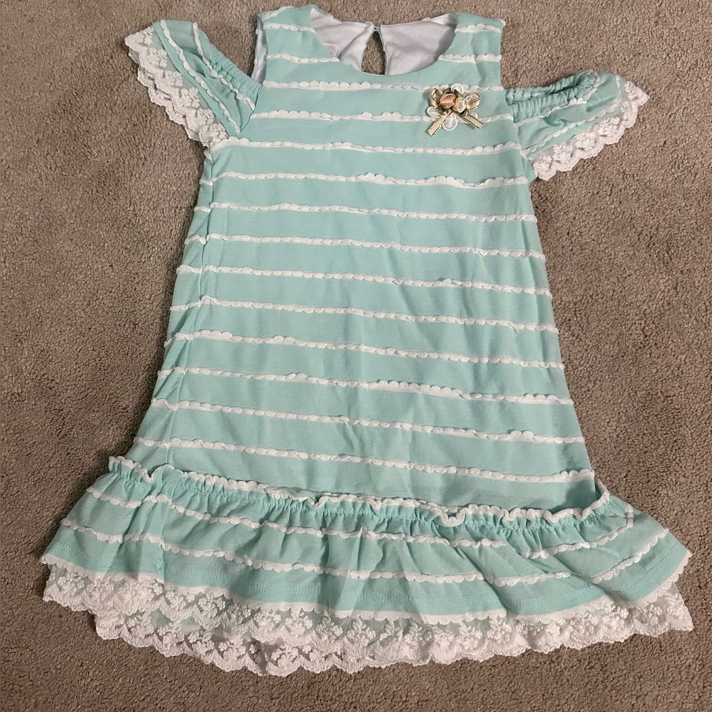 Bonnie Jean Mint Green Striped Dress with Lace Trim